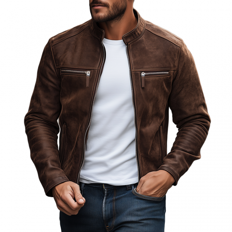 Men's Vintage Matte Faux Leather Stand Collar Zipper Placket Zipper Pocket Slim Fit Jacket MTA0571H7M