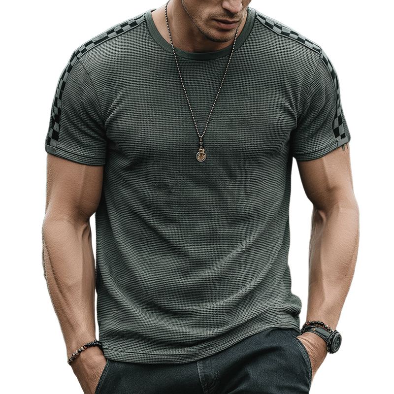 Men's Retro Casual Waffle Checkerboard Round Neck Short Sleeve T-Shirt MTA1869G7TO