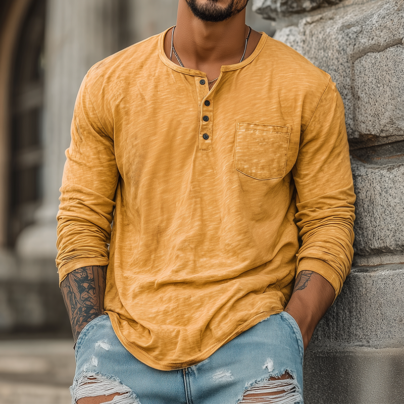 Men's Spring And Summer Casual Tough Style Henry Collar Bamboo Cotton Long Sleeve T-Shirt MTA1676G2K