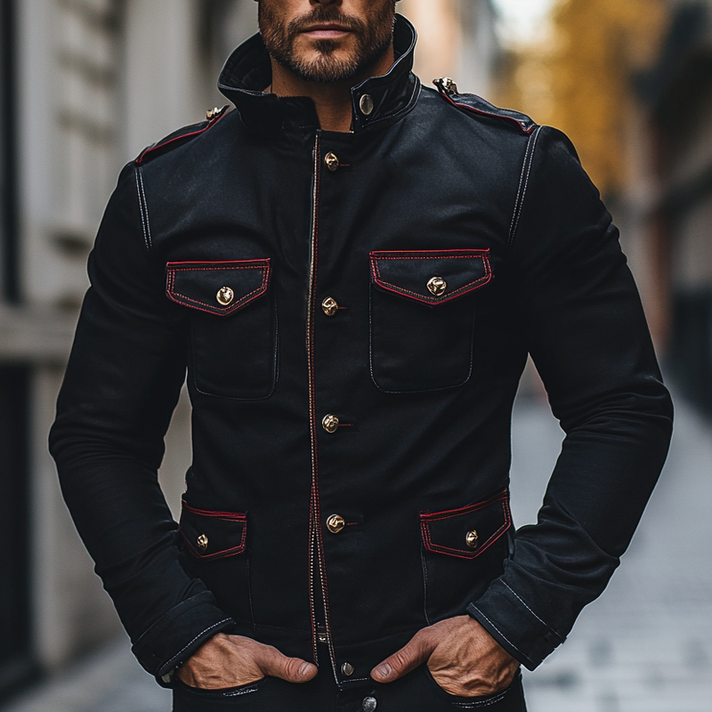 Men's Cotton Blend Contrast Color Stand Collar Multi-pocket Slim Fit Jacket MTA1836H5X