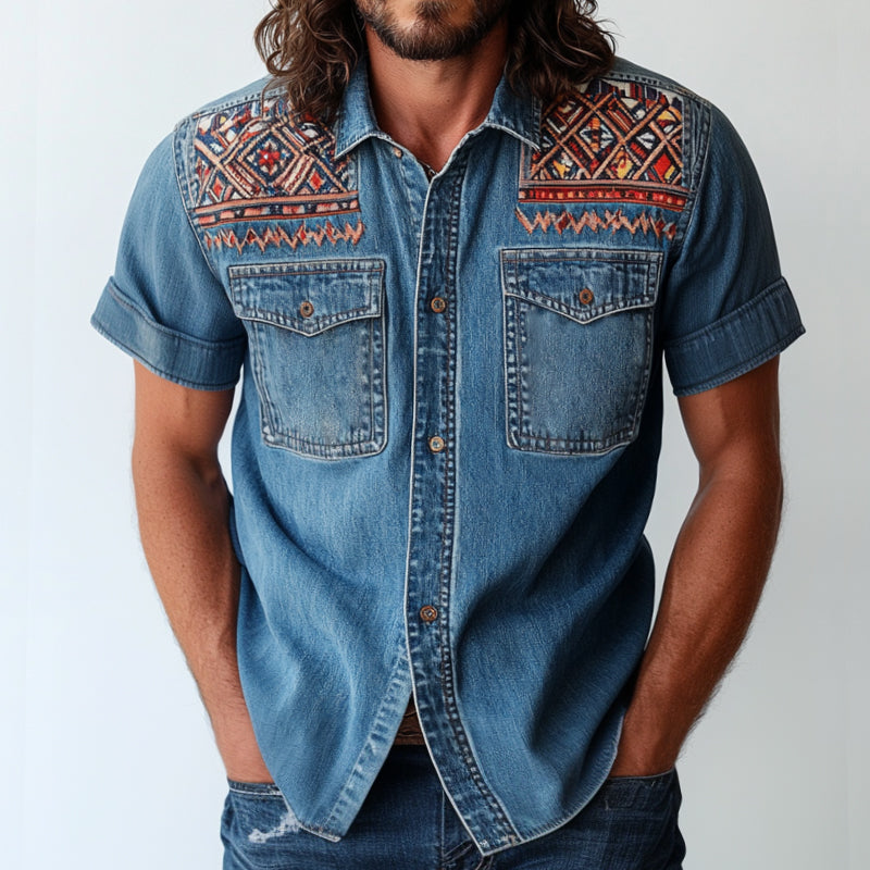 Men's Retro Casual Ethnic Style Printed Denim Lapel Short Sleeve Shirt MTA0920E2TO