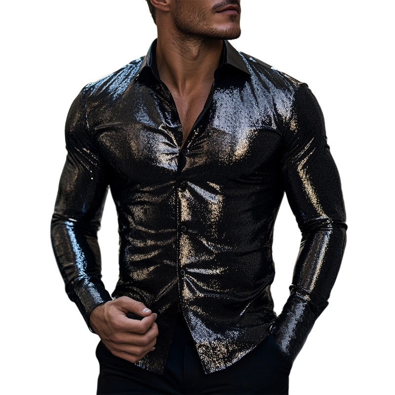 Men's Slim Fit Solid Color Shiny Long Sleeve Shirt 73118682U