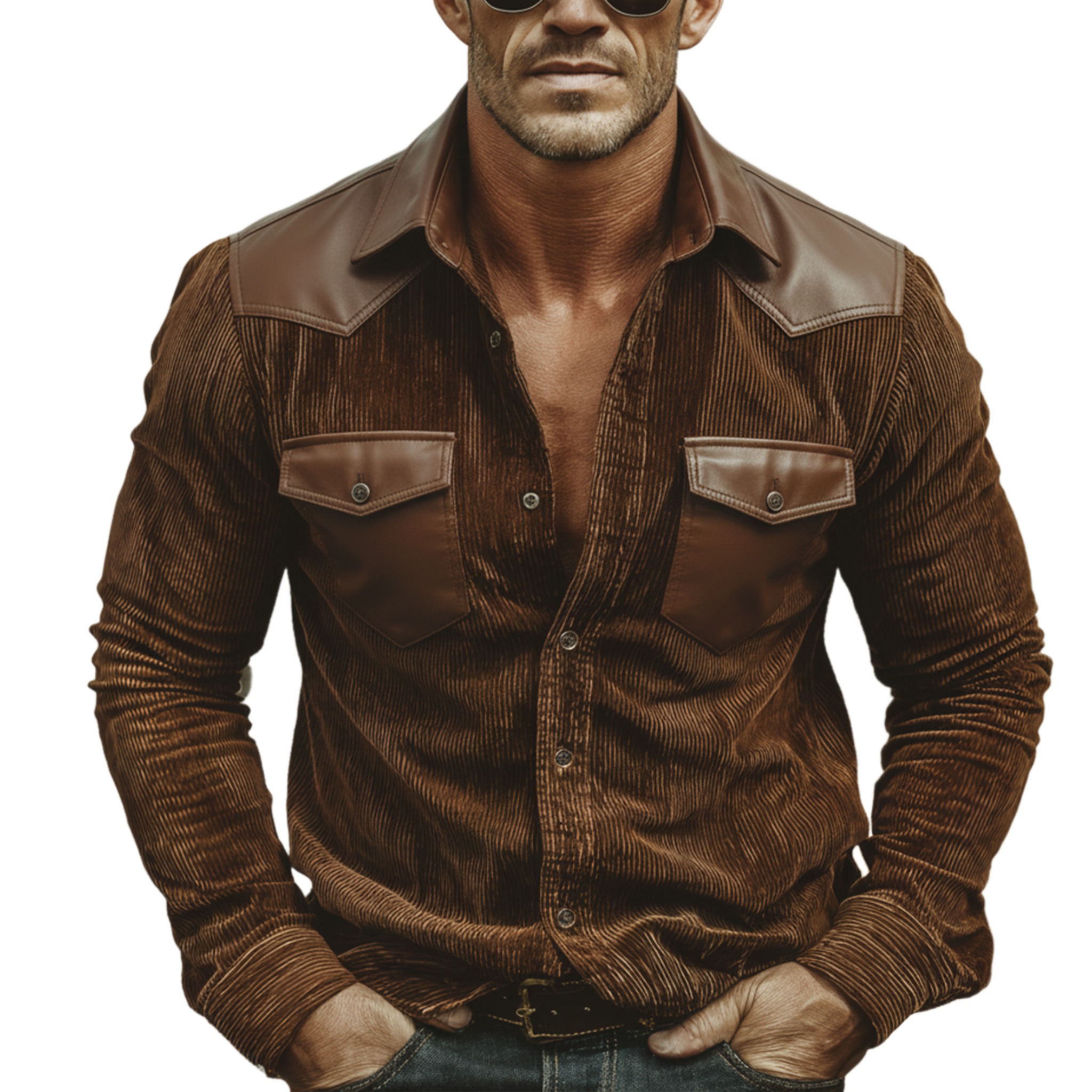 Men's Classic Vintage PU Leather And Corduroy Patchwork Long-sleeved Shirt MTA1749L0K