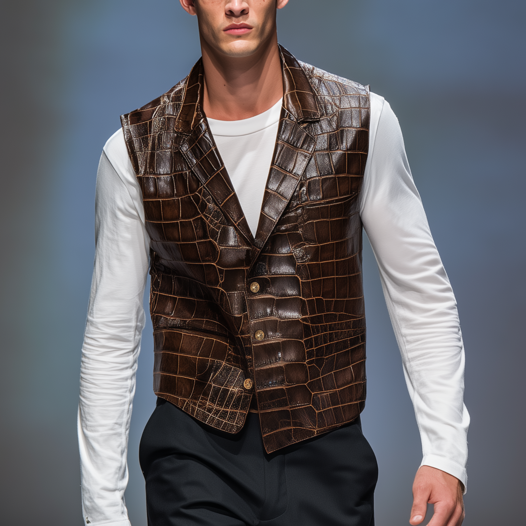 Men's Classic Retro Textured Leather Blazer Collar Single-breasted Slim Vest MTA0248H1K
