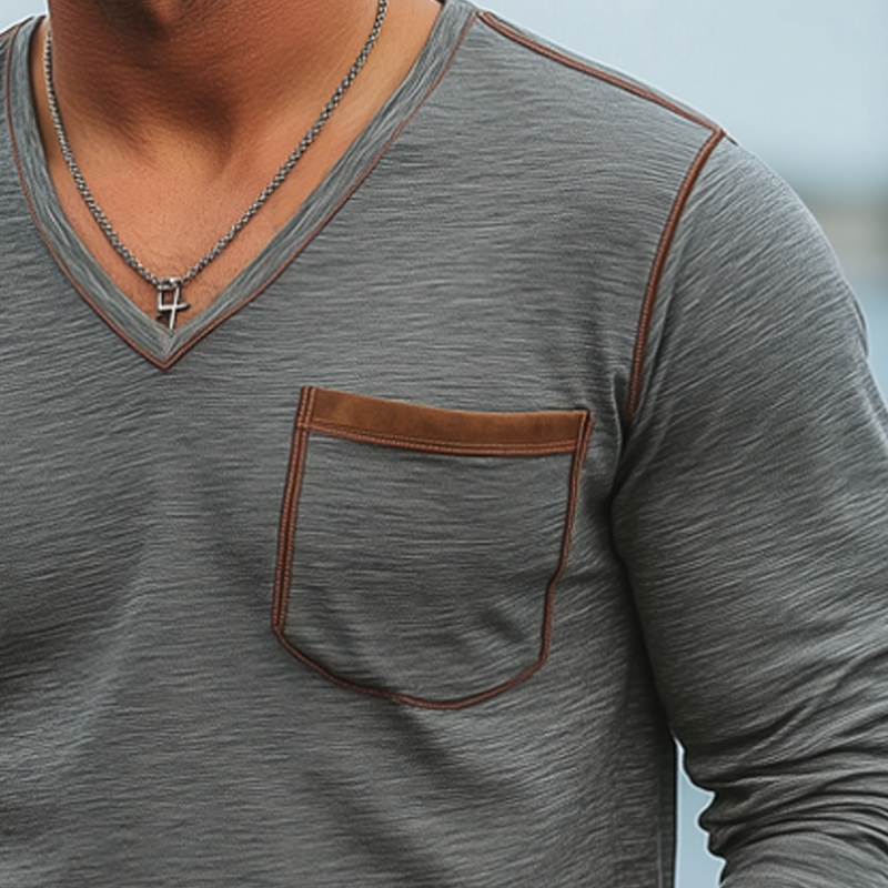 Men's Spring And Autumn V-neck Cotton Long Sleeve T-shirt MTA2878G7U
