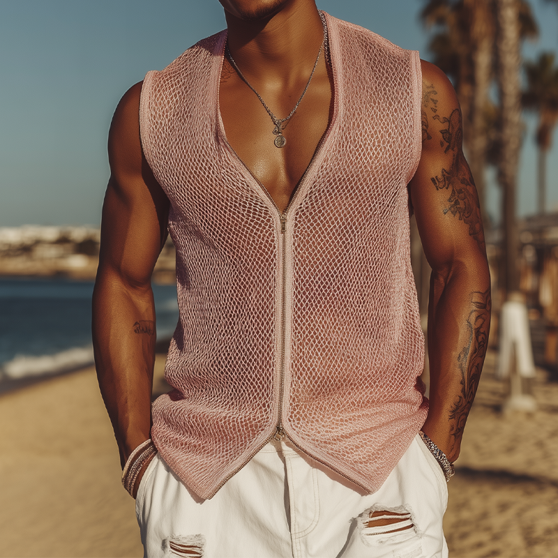 Men's Spring And Summer Fashion Casual Mesh Slim Zipper Deep V Neck Sleeveless Shirt MTA1947F7K