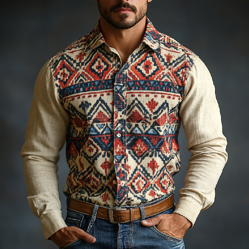 Men's Retro Lapel Printed Cotton and Linen Long Sleeve Shirt 58531410F