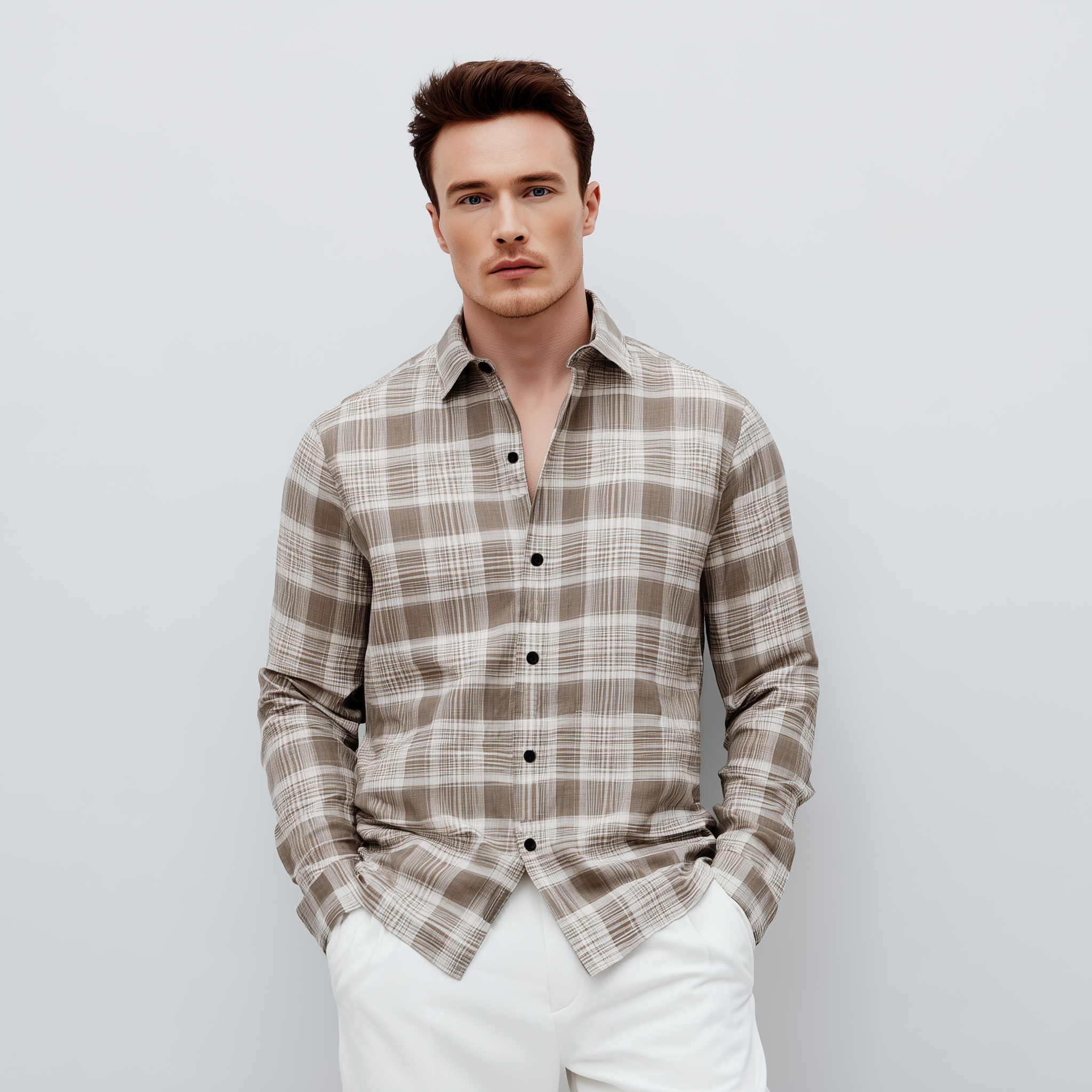 Men's Classic Casual Check Cotton Blend Lapel Long Sleeve Shirt MTA2905G8K