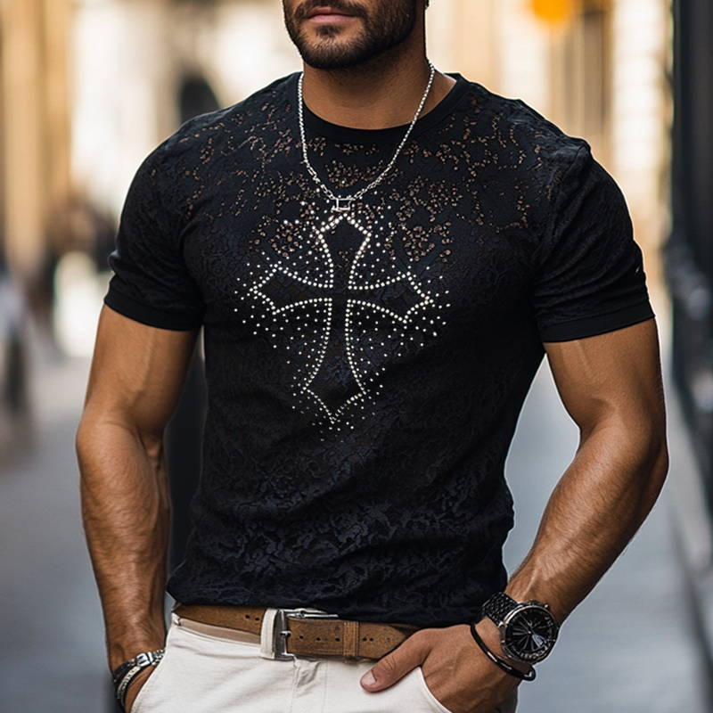 Men's Fashion Rhinestone Cross Lace Round Neck Short Sleeve T-shirt MTA2414E1Z