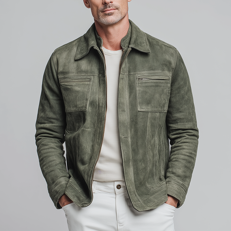 Men's Light Green Faux Suede Vintage Casual Jacket MTA2716H7P