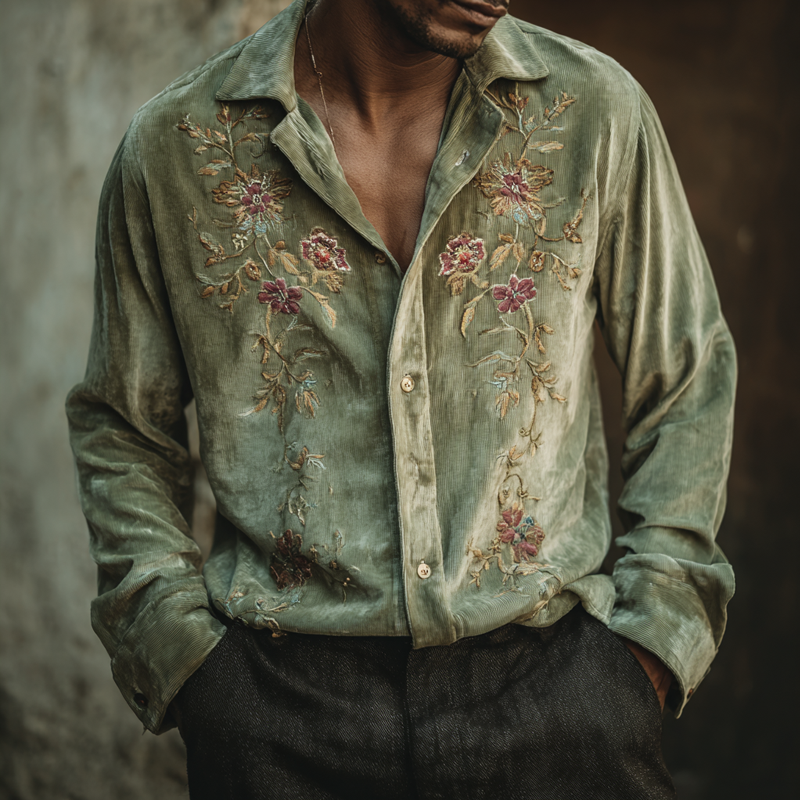 Men's Floral Embroidered Corduroy Lapel Long Sleeve Shirt MTA2712H0Z