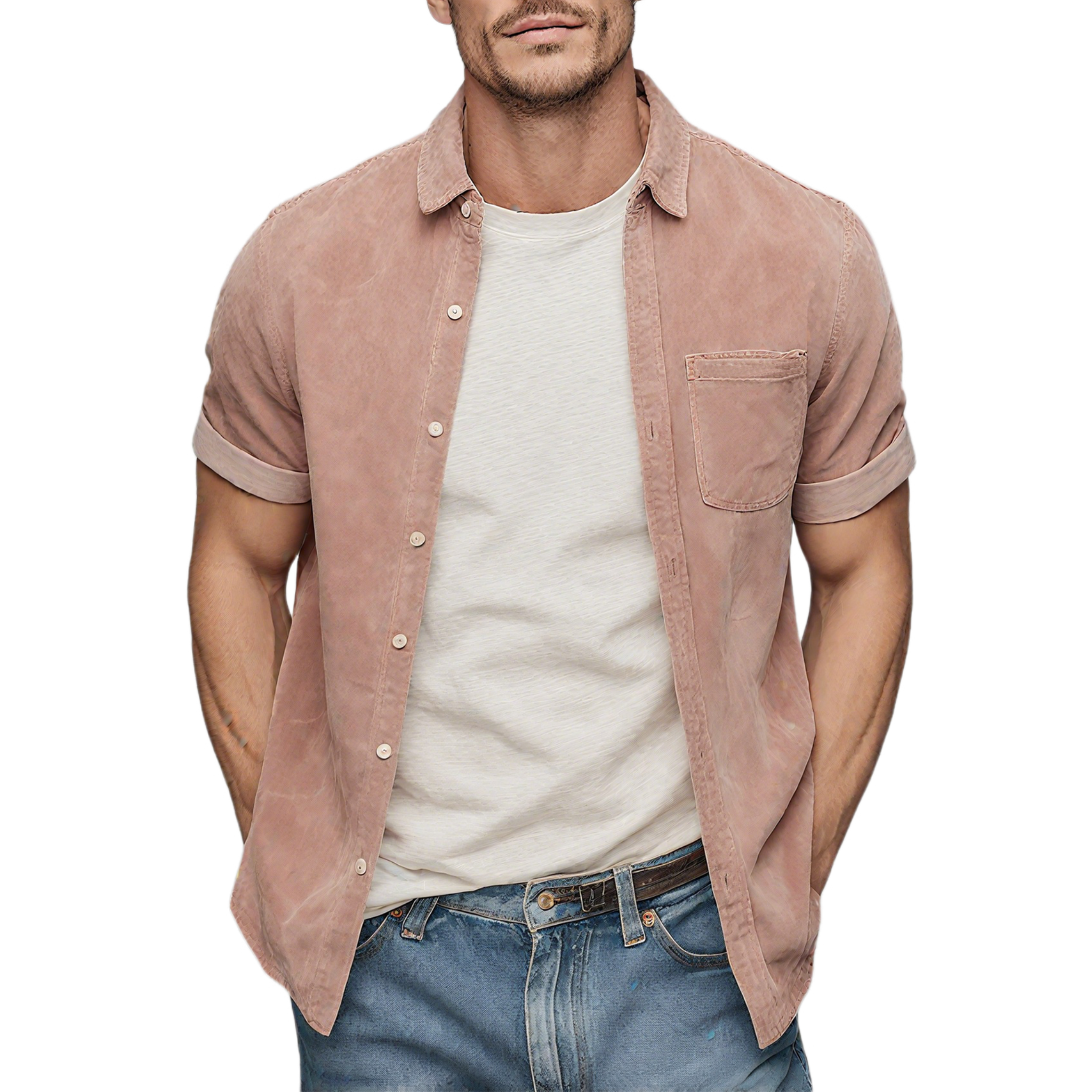 Men's Classic Casual Thin Suede Cuff Rolled Short Sleeve Shirt MTA1935G7K