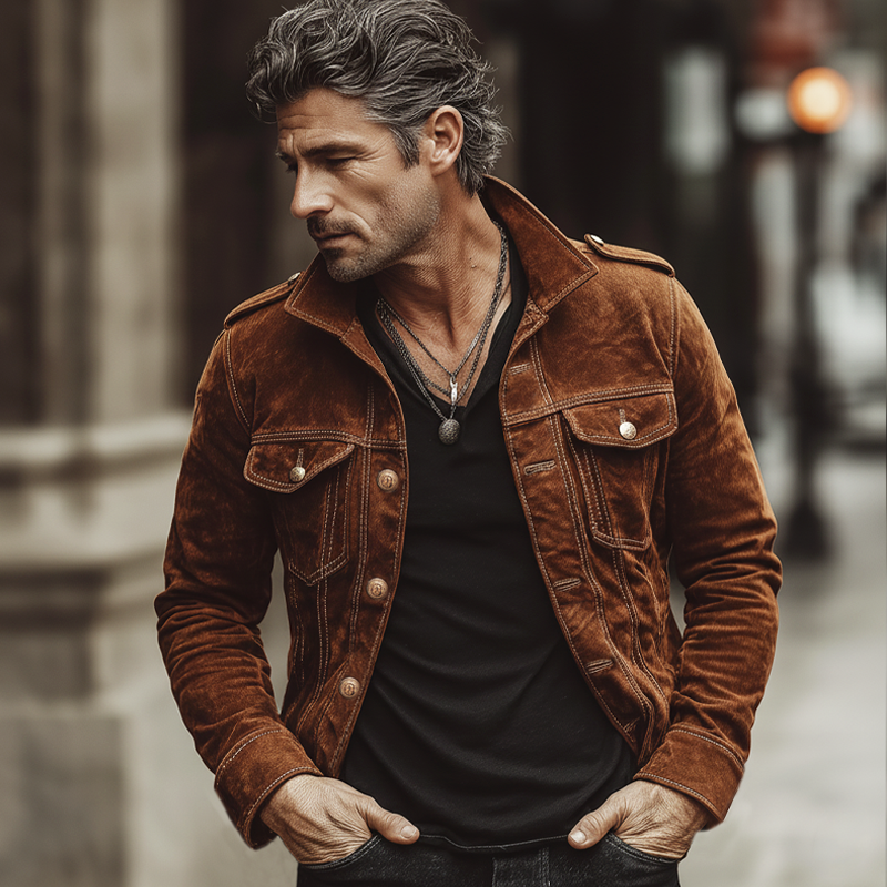 Men's Vintage Caramel-colored Lapel Suede Button-up Jacket MTA0198L1U