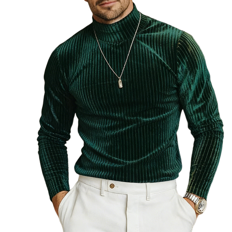 Men's Retro Casual Velvet Striped High Neck Long-Sleeve T-Shirt MTZ2217A0TO