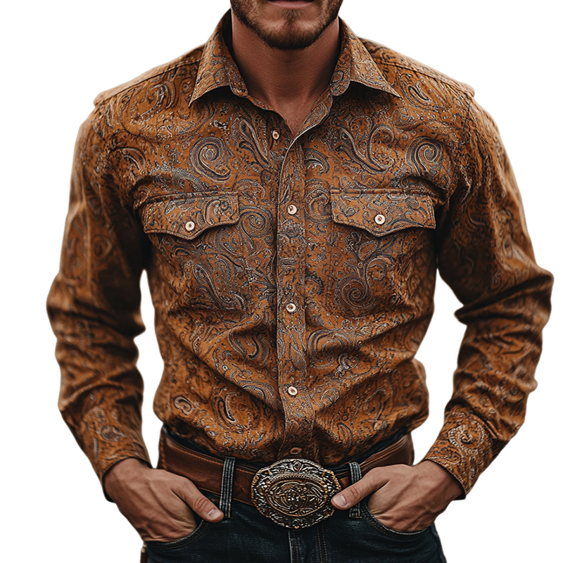 Men'S Vintage Western Perris Print Lapel Long Sleeve Shirt MTA0910E7TO