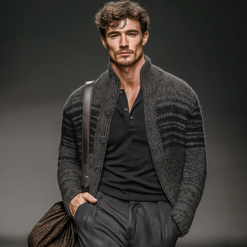 Men's Casual Colorblock Dark Grey Stand Collar Knitted Cardigan MTA2204J2U