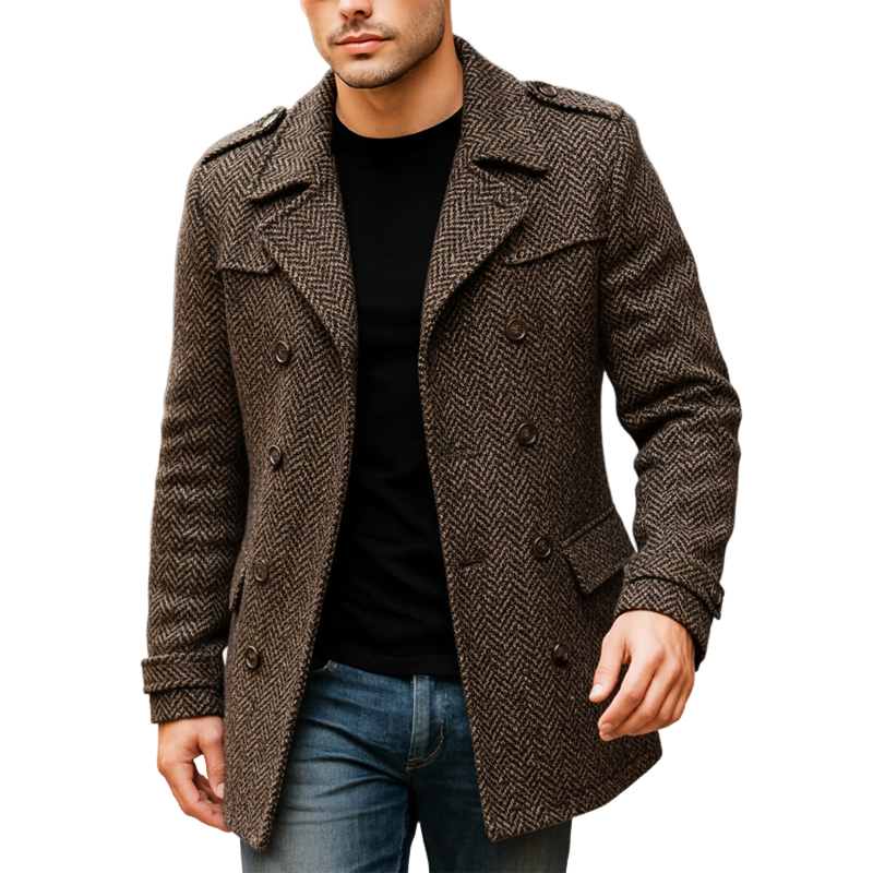 Men's Classic Dark Brown Herringbone Faux Wool Short Coat MTA1586J6U