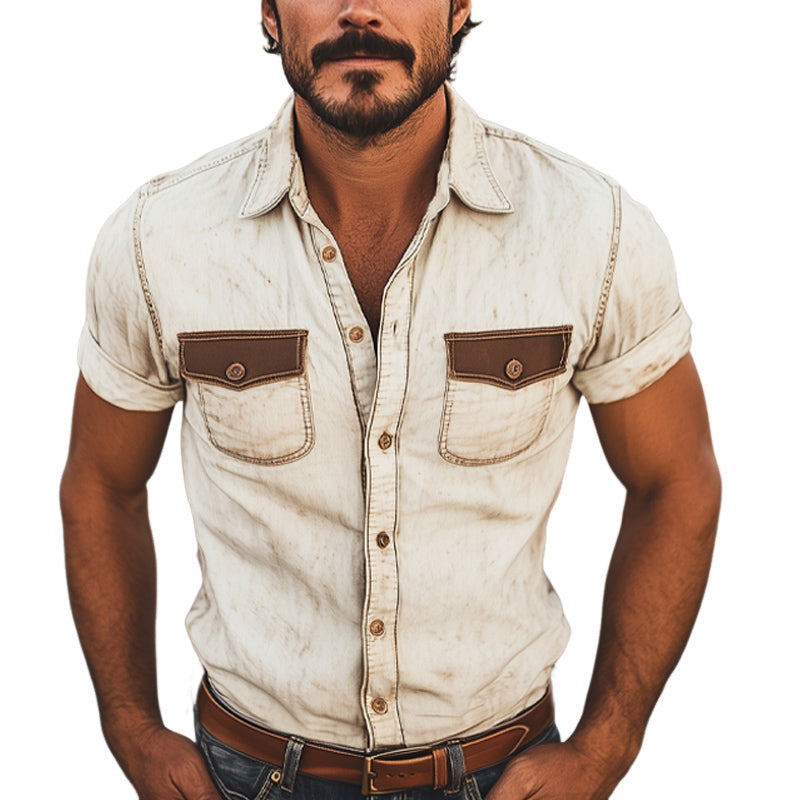 Men's Western Cowboy Style Retro Color Block Short Sleeve Shirt MTA1342E0U
