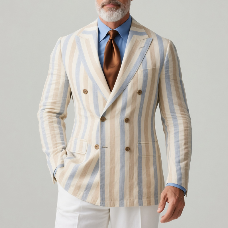 Men's Striped Peak Lapel Double Breasted Casual Blazer MTA2473G5Z