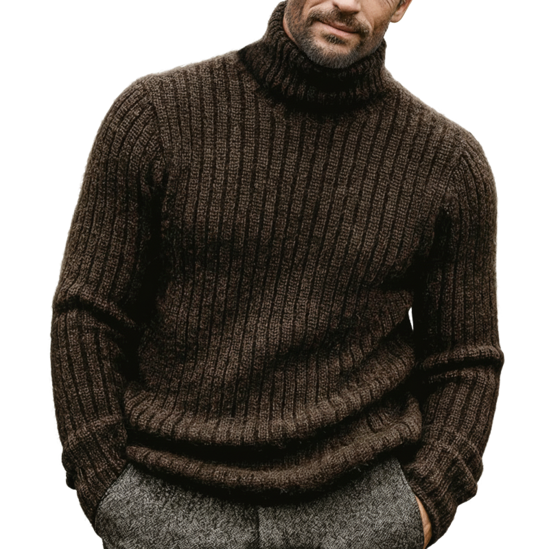 Men's Classic Vintage Dark Brown Turtleneck Ribbed Sweater MTA2750K1U