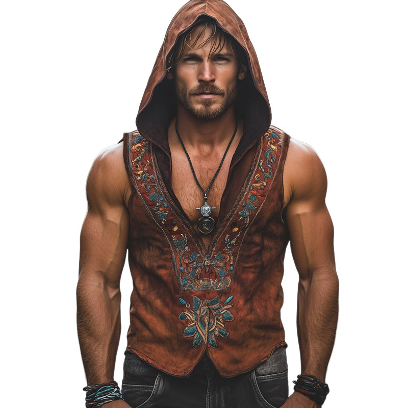 Men's Summer Western Cowboy Style V-Neck Embroidered Hooded Tank Top MTA1592E7U