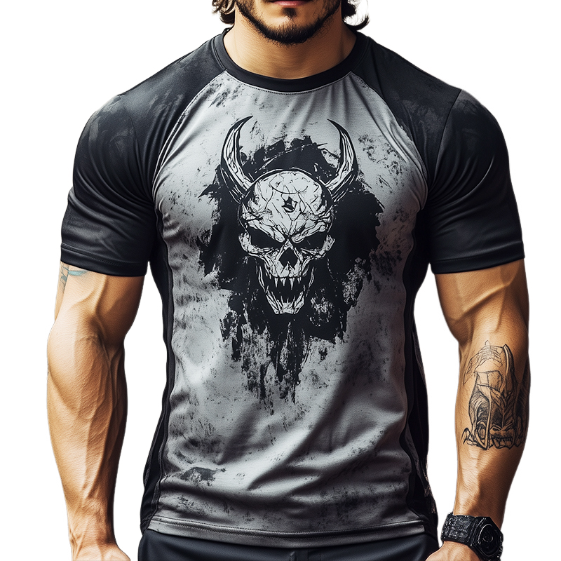 Men's Retro Casual Skull Print Round Neck Short Sleeve T-Shirt 01808377TO