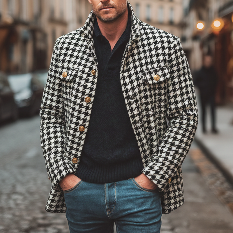 Men's Retro Classic Houndstooth Stand Collar Single Vent Faux Wool Jacket MTA3158J6U