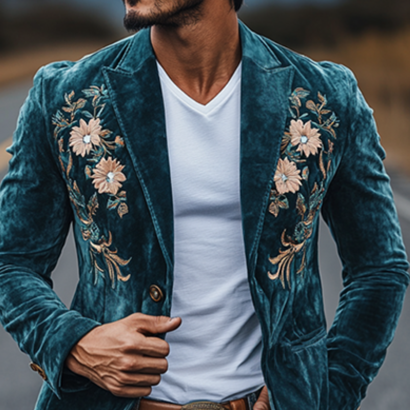 Men's Vintage Classic Casual Fit Western Style Embroidered Suede Blazer 11054947K