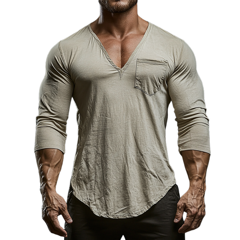 Men's Vintage Casual Cotton V-Neck Pocket Long Sleeve T-Shirt MTA2137G4TO