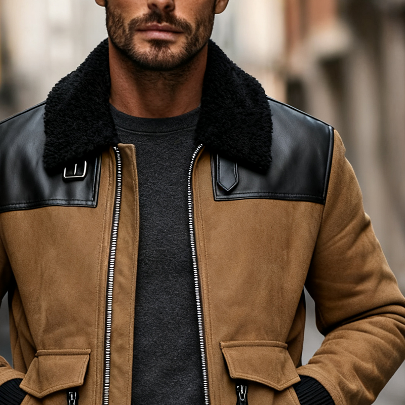 Men's Faux Suede And PU Lapel Zipper Jacket MTA1794J0X