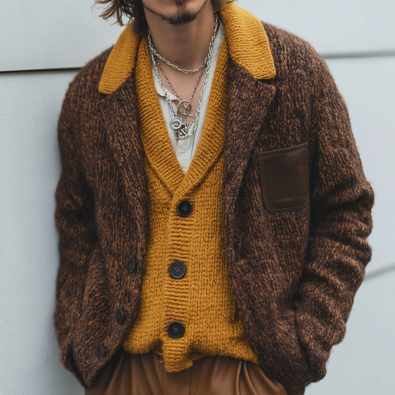 Men's Retro Casual Colorblock Knit Cardigan Jacket MTA1730I1TO