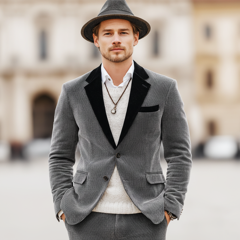 Men's Classic Color-block Collar Two-button Corduroy Slim-fit Blazer MTA2076L2U