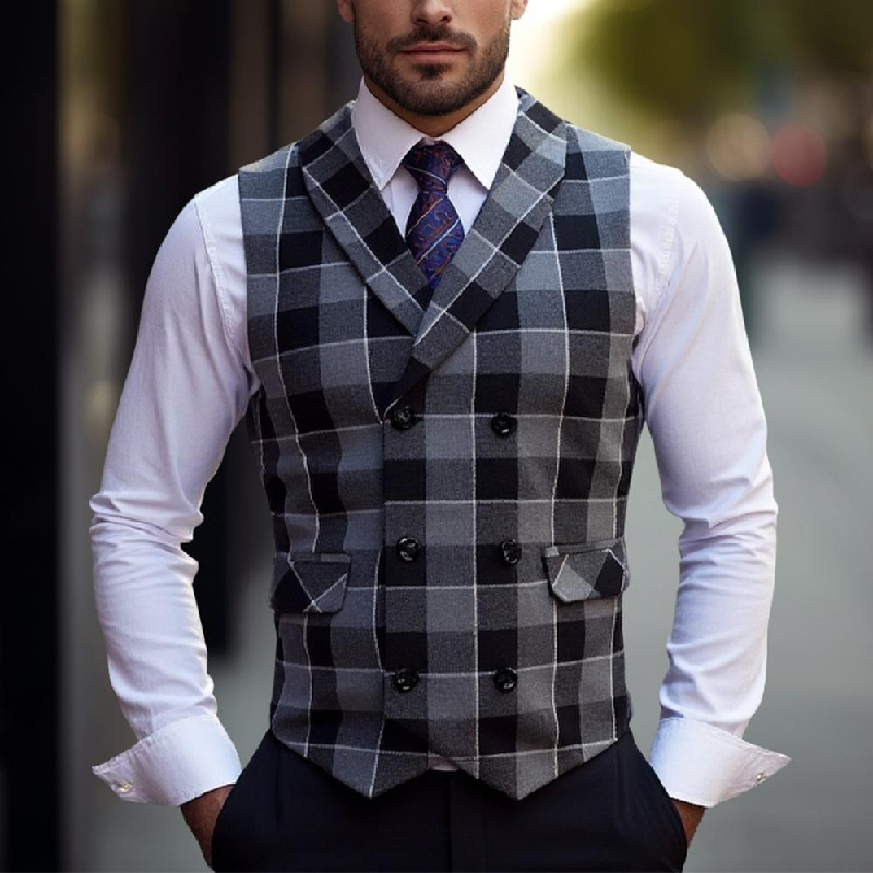 Men's Vintage Checkered Lapel Double-breasted Vest (shirt Not Included) 02198566X