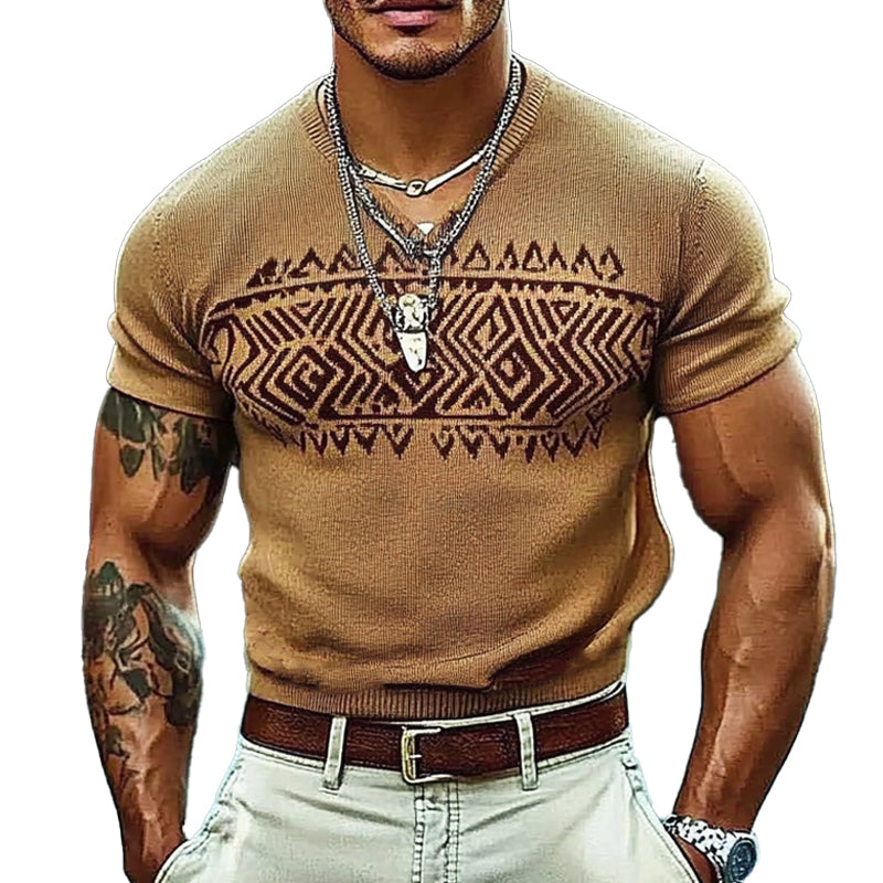 Men's Knitted V-neck Jacquard Short-sleeved T-shirt 93358887X