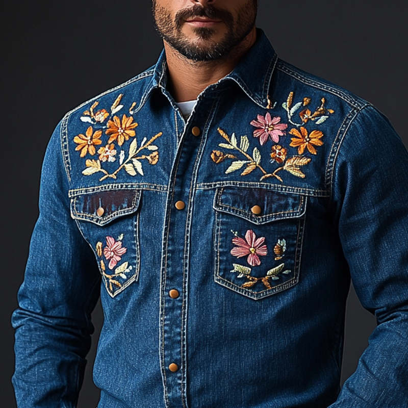 Men's Western Cowboy Style Embroidered Lapel Chest Pocket Long Sleeve Denim Shirt 10549958Z