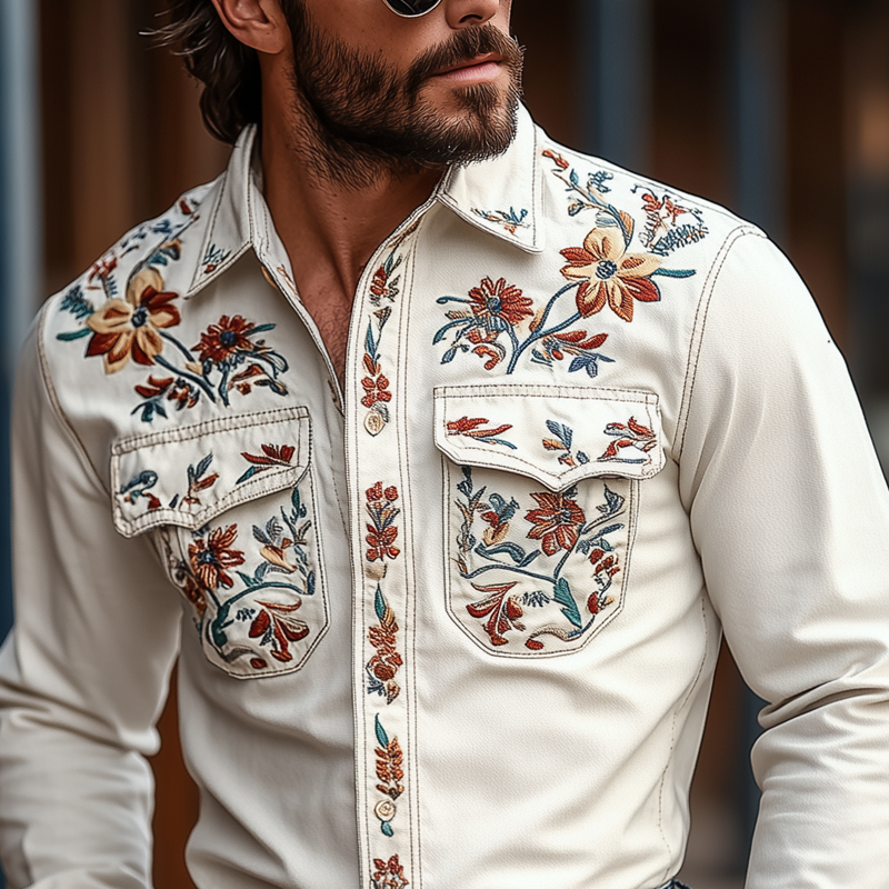 Men's Western Cowboy Style Embroidered Lapel Chest Pocket Long Sleeve Cotton Shirt 18612126Z