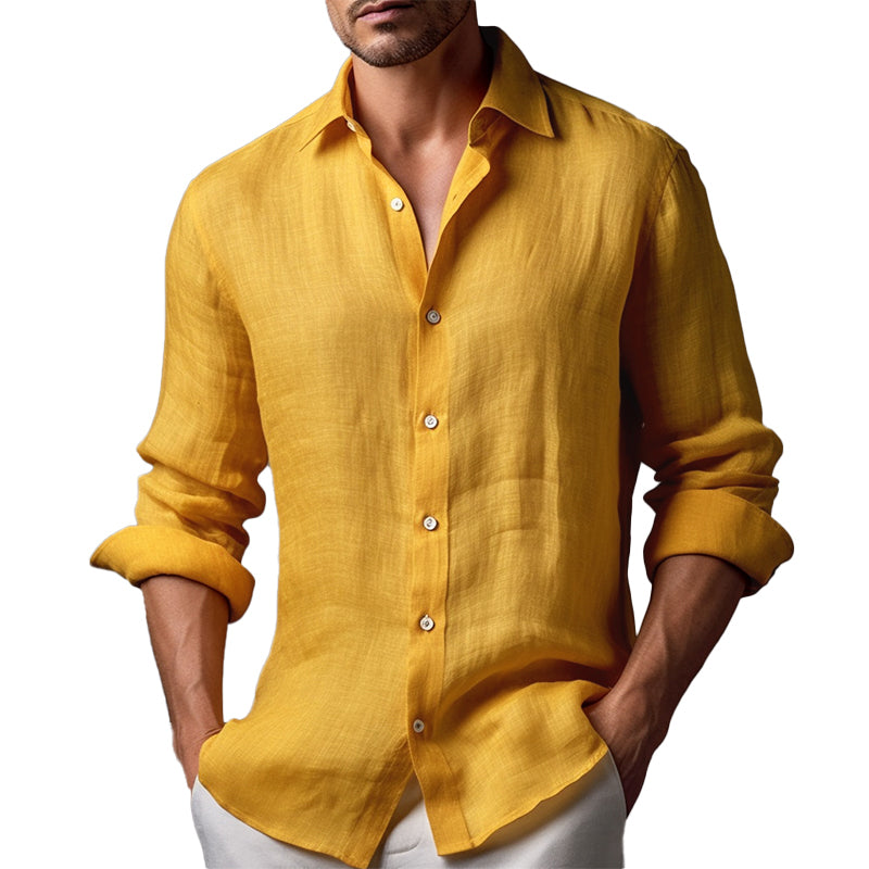 Men's Casual Solid Color Linen Lapel Slim Fit Long Sleeve Shirt 68576086M