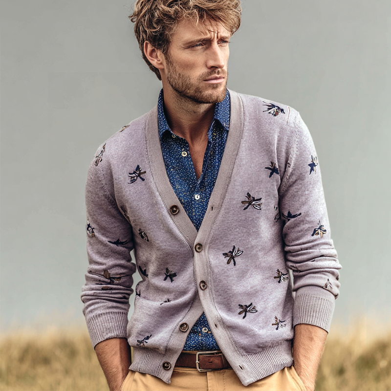 Men's Dragonfly Embroidery V Neck Single Breasted Knit Cardigan MTA1125I1Z