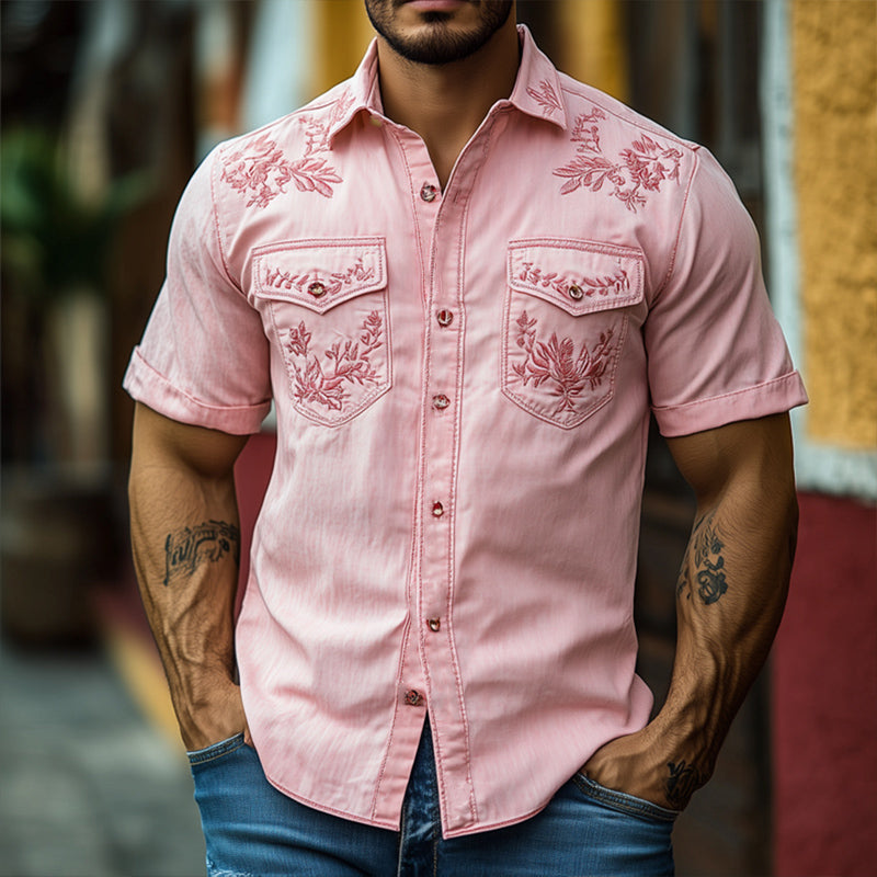 Men's Casual Pink Vintage Embroidered Blended Short-sleeved Shirt 49648498U