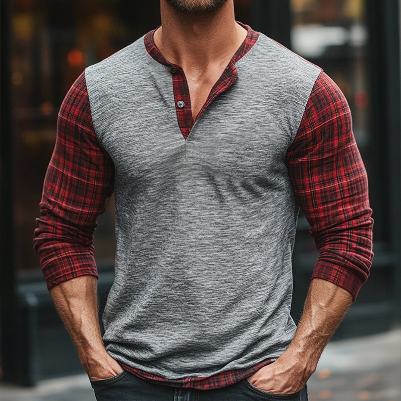 Men's Retro Casual Plaid Stitching Henley Collar Long Sleeve T-Shirt 39871174TO