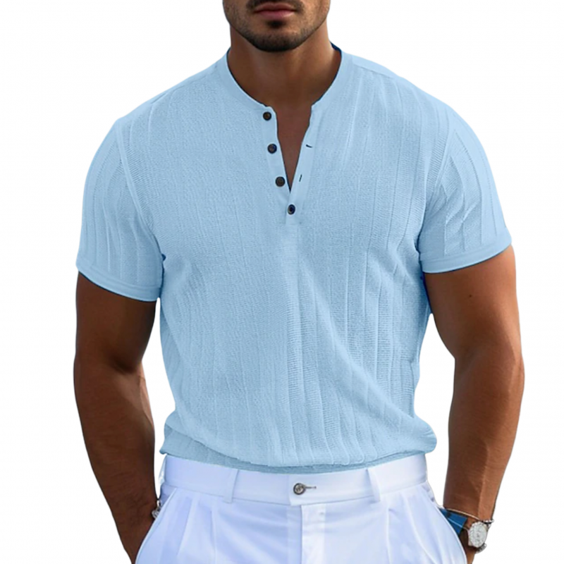 Men's Casual Breathable Solid Color Cotton Blend Henley Collar Slim Fit Short Sleeve T-Shirt MTA3052F3M