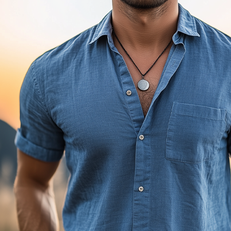 Men's Basic Solid Color Cotton And Linen Short Sleeve Shirt MTA2543G7U