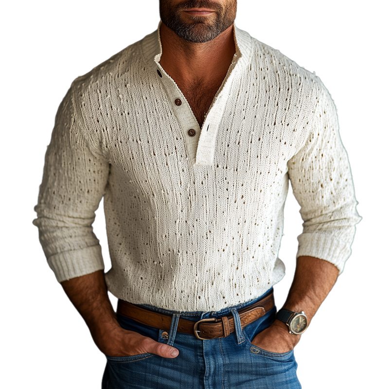 Men's Fashion Solid Holes Knit Henley Collar Long Sleeve Sweater 41024194Z