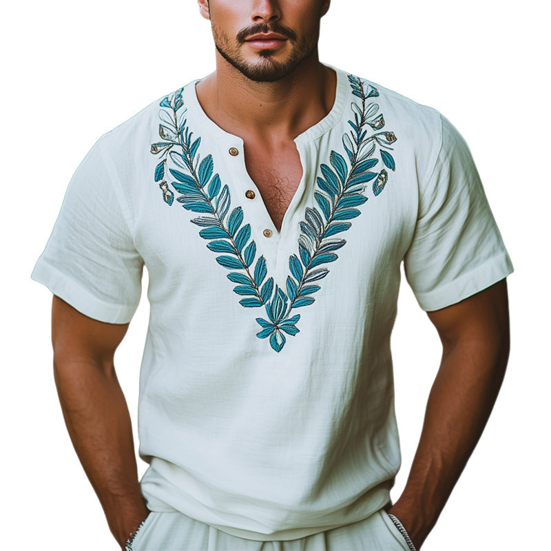 Men'S Summer V-Neck Leaf Embroidery Short Sleeve T-Shirt MTA1002E3U