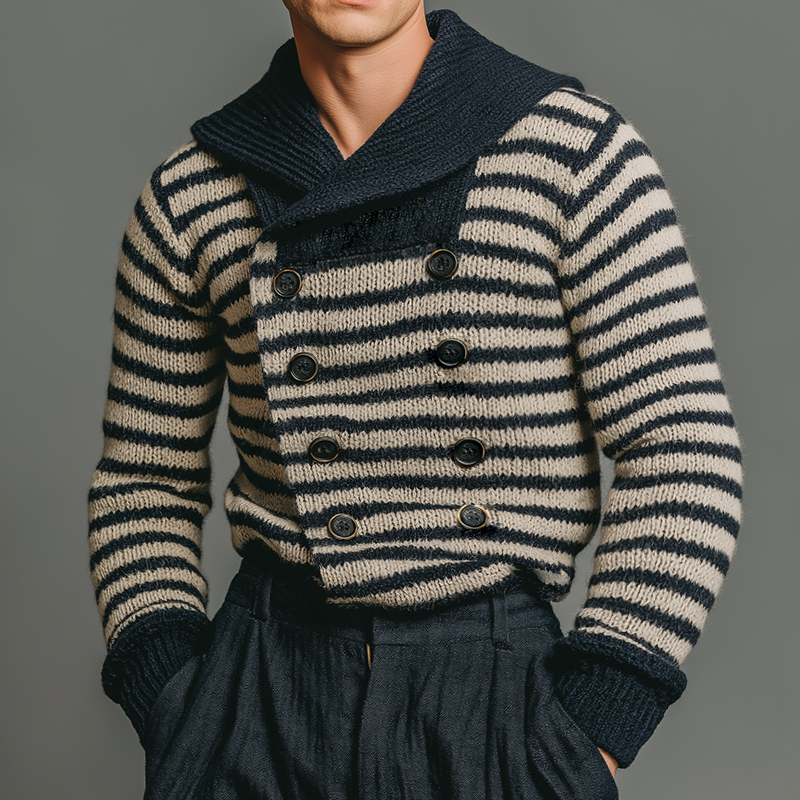 Men's Vintage Casual Navy Striped Knitted Lapel Sweater Double Breasted Cardigan MTA1477J4TO