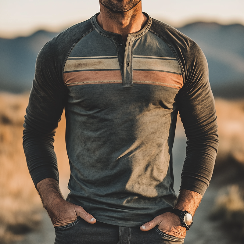 Men's Vintage Casual Distressed Striped Print Henley Neck Long Sleeve T-Shirt MTA3084G9TO