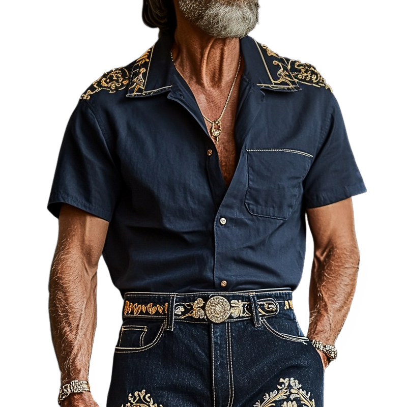 Men'S Fashion Retro Embroidered Lapel Short Sleeve Shirt MTA0940E8Z