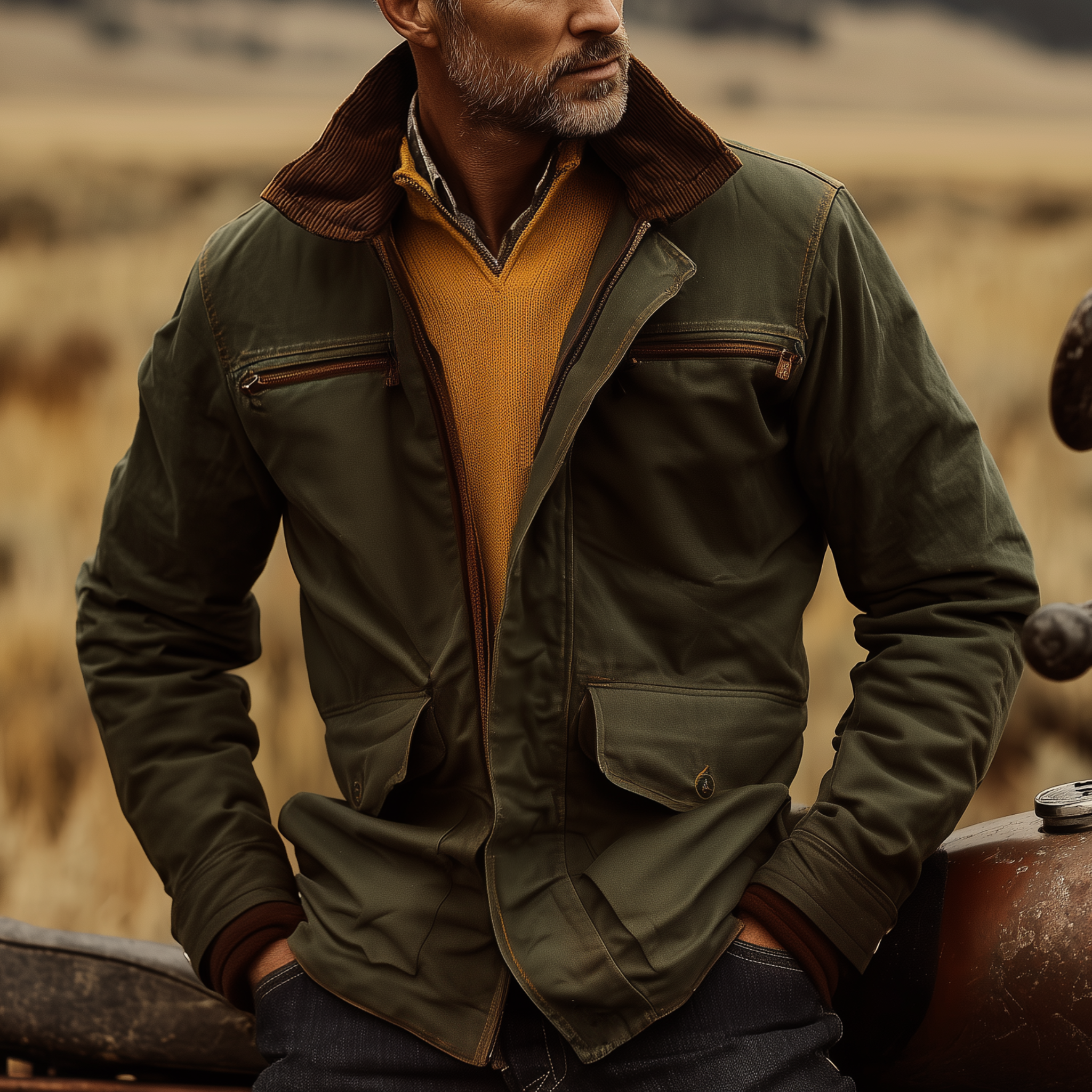 Men's Classic Western Style Corduroy Collar Multi-Pocket Zipper Cotton Blend Jacket MTA0547I5K