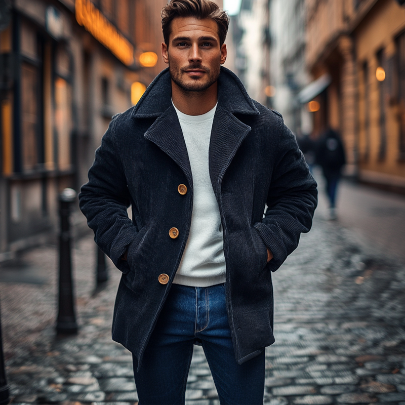 Men's Vintage Corduroy Solid Color Lapel Single-breasted Mid-length Coat MTA1196J1X