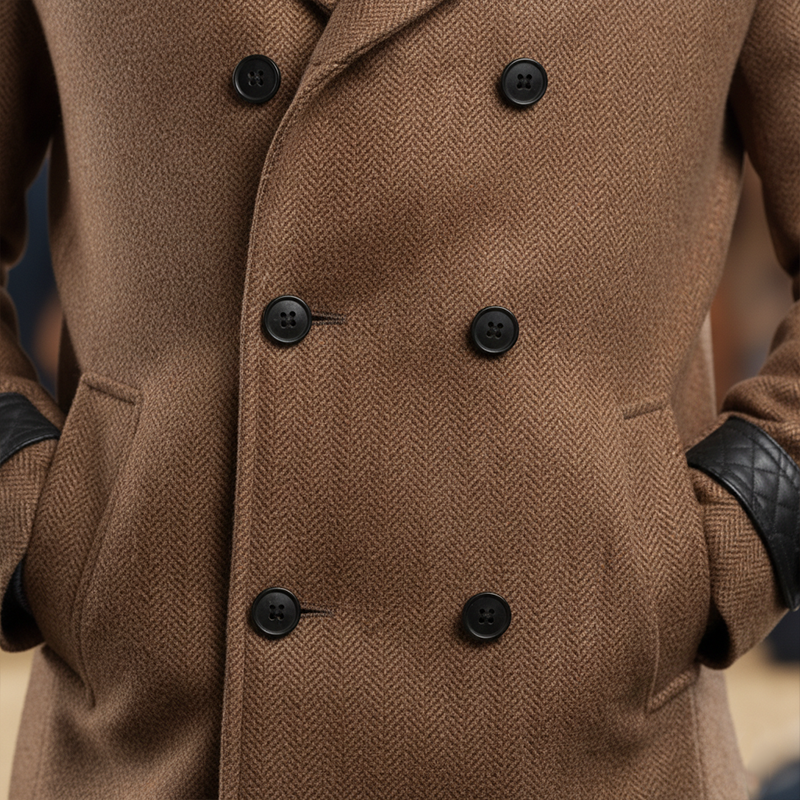 Men's Winter Fashion PU Patchwork Herringbone Faux Wool Double-breasted Mid-length Coat MTA2875I0P